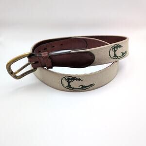 Smathers and Branson Hand-Stitched Needlepoint Leather Belt Green Tree Wave 38